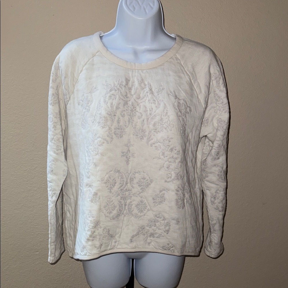Lou & Grey Cream Gray Floral Textured Cotton Soft Sweatshirt Women’s Size M